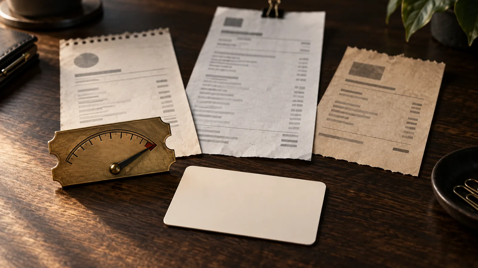 One blank login card in front of three separate invoices and a capped gauge.