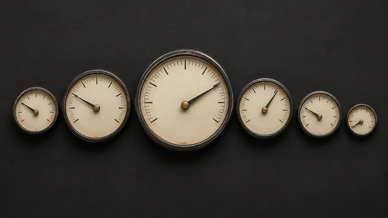 Six differently sized analog gauges representing separate voice AI cost meters.