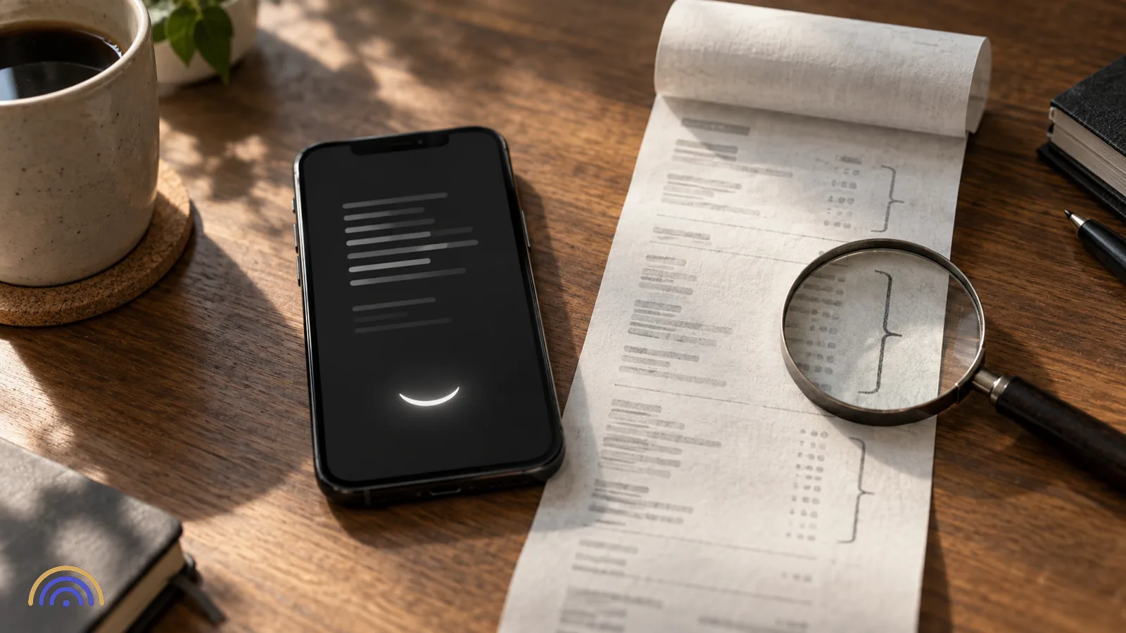 A phone running a voice call beside an annotated invoice and magnifying glass.