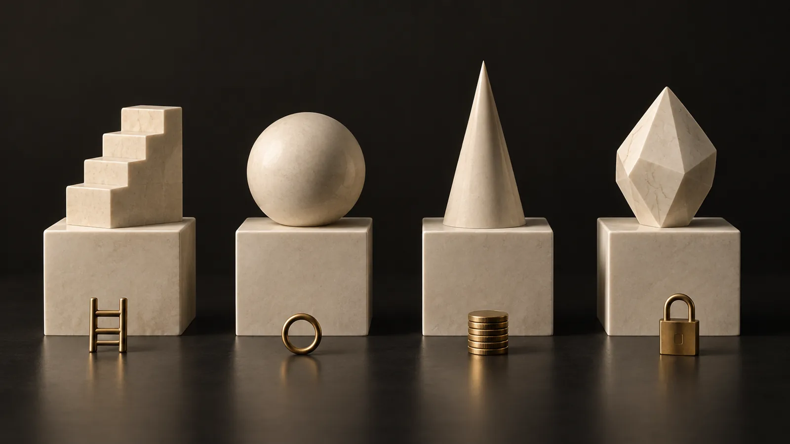Four distinct sculptures with different small objects representing hidden pricing gates.