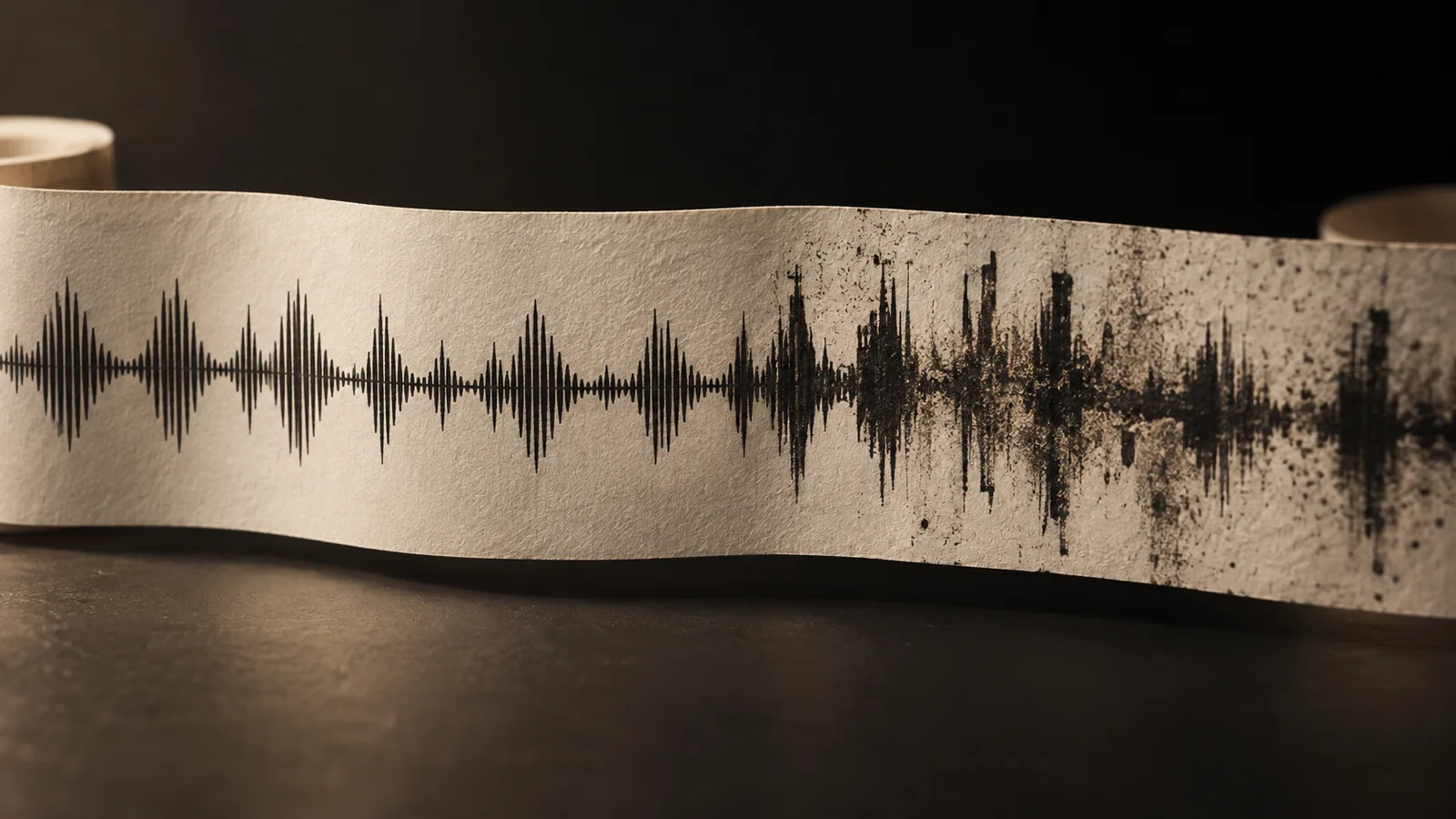 A clean waveform degrading into clipped, smeared noise on one continuous paper strip.