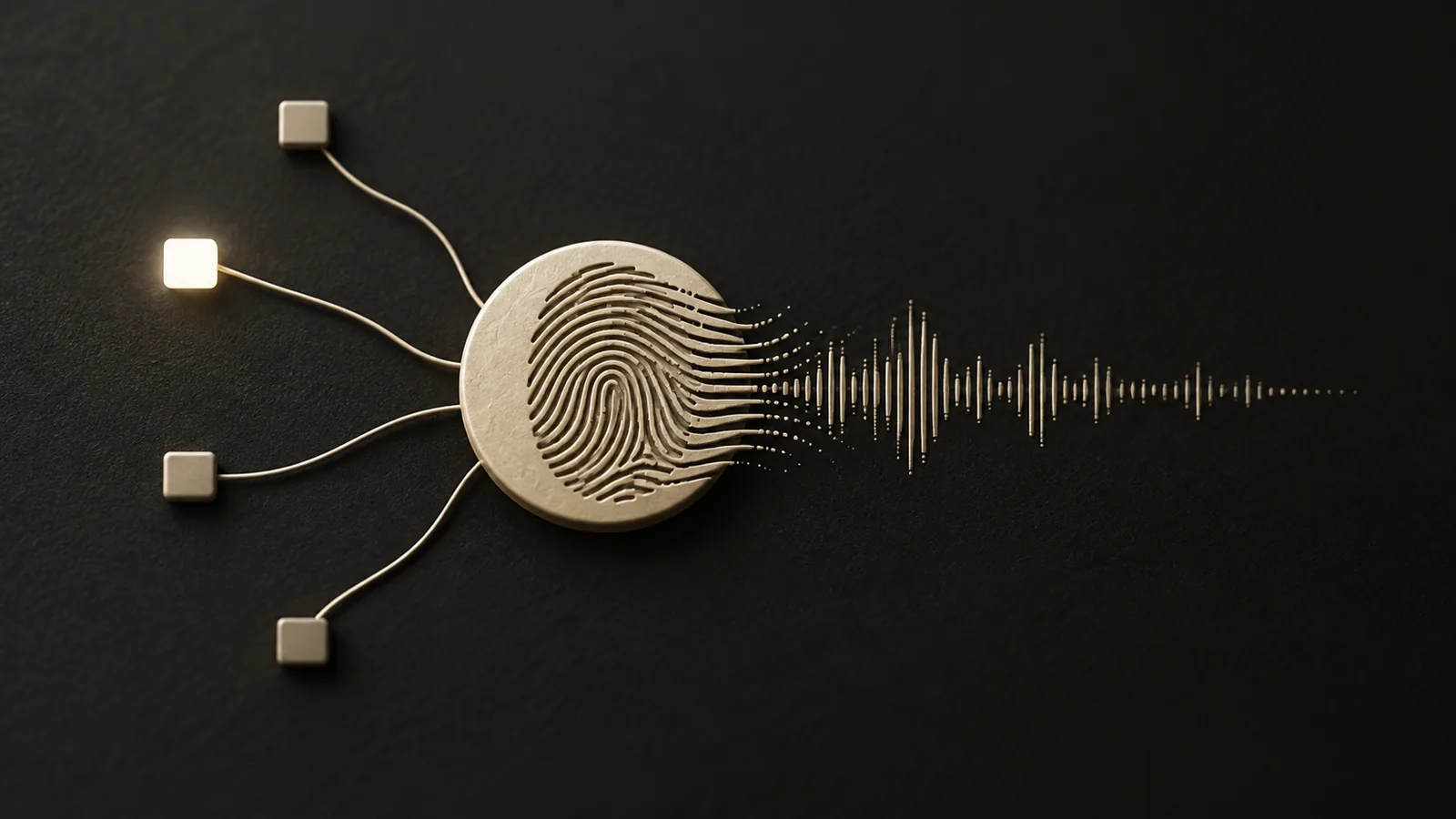 A fingerprint becoming a soundwave while data paths fan out to four destinations.